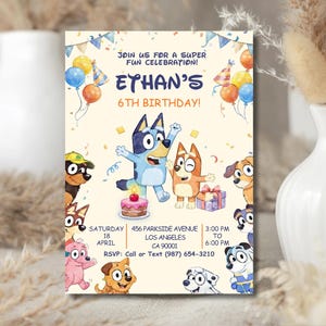 May include: A birthday invitation featuring cartoon dogs, balloons, and confetti. The invitation reads "Ethan's 6th Birthday!" with event details. The design includes a cake with a lit candle and a gift box.