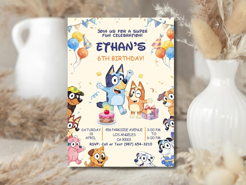 May include: A birthday invitation featuring cartoon dogs, balloons, and confetti. The invitation reads "Ethan's 6th Birthday!" with event details. The design includes a cake with a lit candle and a gift box.