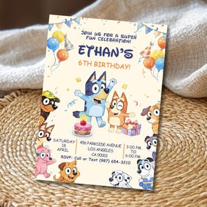 May include: A birthday party invitation with the text "Ethan's 6th Birthday!" features cartoon dogs and balloons. The invitation includes event details such as the date, time, and location.