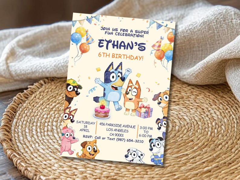 May include: A birthday party invitation with the text "Ethan's 6th Birthday!" features cartoon dogs and balloons. The invitation includes event details such as the date, time, and location.
