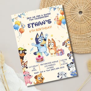 May include: Birthday invitation featuring the text "Ethan's 6th Birthday!" with cartoon dog characters and balloons. The invitation includes event details: date, time, and location in Los Angeles, CA.