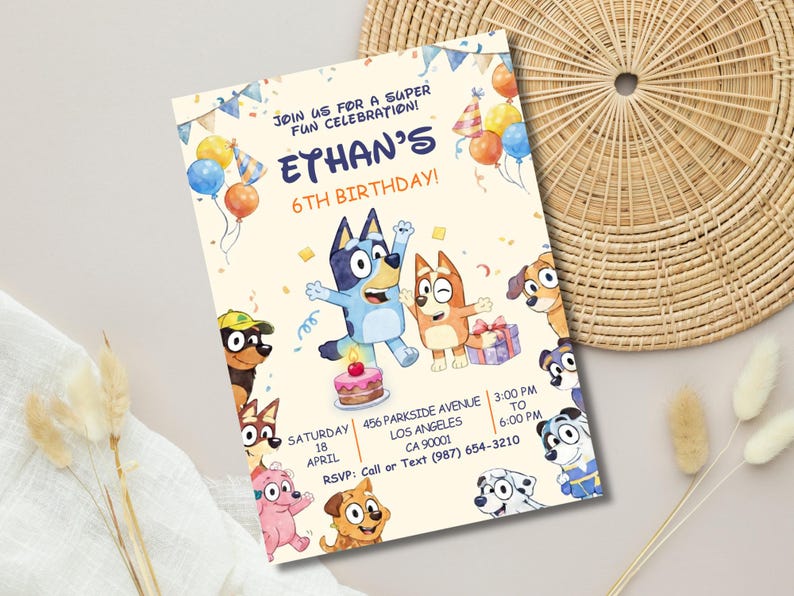 May include: Birthday invitation featuring the text "Ethan's 6th Birthday!" with cartoon dog characters and balloons. The invitation includes event details: date, time, and location in Los Angeles, CA.