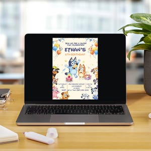 May include: A laptop displays a colorful birthday invitation featuring cartoon dogs and the text "Eyhan's 6th Birthday!" The invitation includes event details. The laptop sits on a wooden desk with office supplies and a potted plant.
