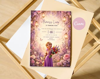 Princess 5th Birthday Invitation, Fairytale Princess Birthday Party Invite, Editable Canva Girl Birthday Template