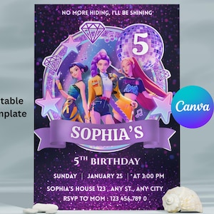 Kpop Demon Hunters Birthday Invitation, Editable Canva Template, Huntrix Invite, K-pop Invites, Digital Download, Kids Birthday Party Cards