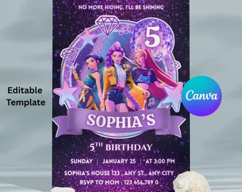 Invitación de cumpleaños de cazadores de demonios de Kpop, plantilla editable de Canva, invitación de Huntrix, invitaciones de K-pop, descarga digital, tarjetas de fiesta de cumpleaños infantiles