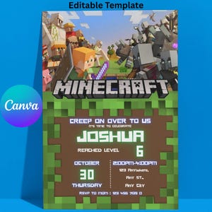 Invito di compleanno a tema costruzione con blocchi pixel, invito di compleanno per giocatori, minecraffterr, festa di compleanno avventura per ragazzi, invito digitale
