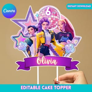 Décoration de gâteau modifiable Kpop Demon Hunters, décoration de gâteau de fête d'anniversaire K-pop Huntrix, décoration de gâteau imprimable filles, thème Kpop