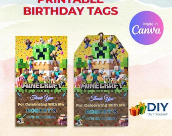 Pixel Block Thank You Tag, Gamer Birthday Gift Favor Tag, Pixel Block Birthday Party Invitation Template, MineCraffterr Boys Birthday Party