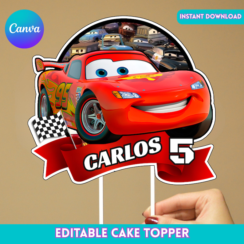 May include: A red Lightning McQueen cake topper with the name "Carlos" and the number "5" on a red banner. The topper includes a checkered flag and the text "Editable Cake Topper". The Canva logo is visible.