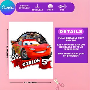 May include: A red race car graphic with the text "CARLOS 5" on a white background. The image is 8.5 inches wide and 11 inches tall. Includes text: "INSTANT DOWNLOAD", "DOWNLOAD", "PRINT", "CUT", and "DETAILS".