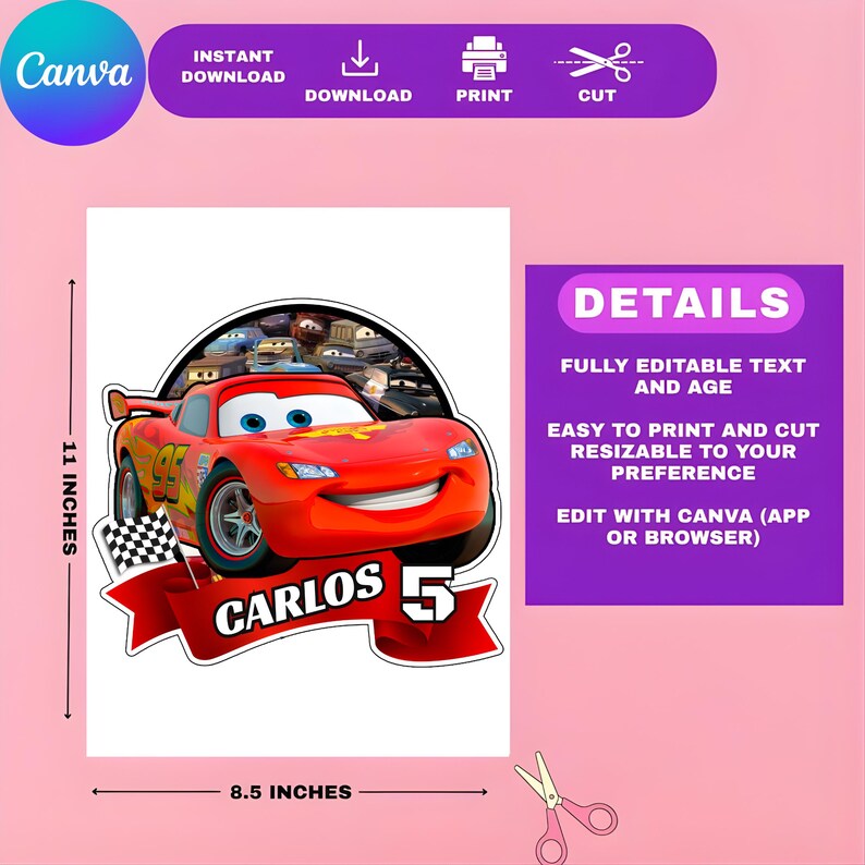 May include: A red race car graphic with the text "CARLOS 5" on a white background. The image is 8.5 inches wide and 11 inches tall. Includes text: "INSTANT DOWNLOAD", "DOWNLOAD", "PRINT", "CUT", and "DETAILS".