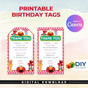 May include: Printable birthday tags with Sesame Street characters. The tags have a pink polka dot border and include the text "Thank You" and a personalized message. The design includes a DIY element and the text "Digital Download".