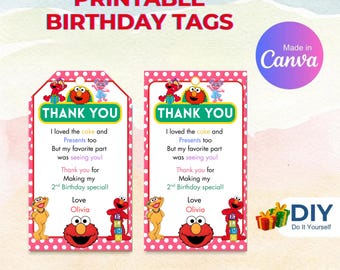 May include: Printable birthday tags featuring Sesame Street characters. The tags have a pink polka dot border and include the text "Thank You" and a personalized message. The design includes a DIY element and the text "Digital Download".