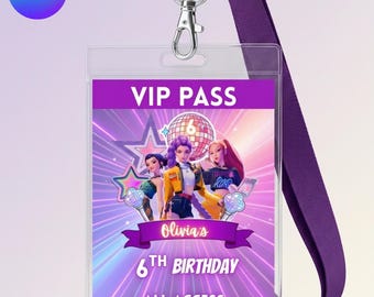 Pass VIP Kpop Demon Hunter, badge identificativo Huntrix, tessera VIP Kpop stampabile, bomboniere per feste di compleanno, pass per feste Kpop, download digitali modificabili