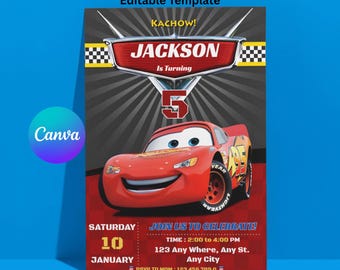 Cars Birthday Invitation | Lightning McQueen Invite Template | Editable Kids Mater invites | Printible Canva Instant Digital Download (5x7)