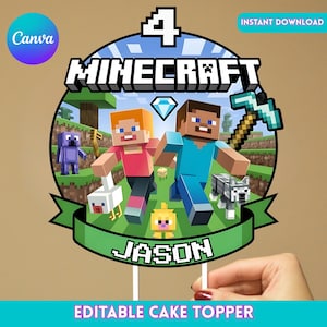 以下が含まれることがあります： ピクセル化されたキャラクターとゲームのロゴが特徴の、Minecraftをテーマにしたケーキトッパー。デザインには数字の4、名前の「Jason」、そして「Editable Cake Topper」と「Instant Download」という言葉が含まれています。トッパーは2本の白い棒で支えられています。