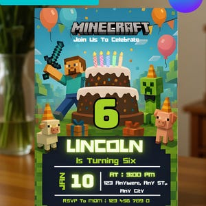 Convite de aniversário em blocos de pixel, convites para festa de aniversário de meninos com tema Minecraft, convites para festa gamer, modelo digital editável instantâneo no Canva