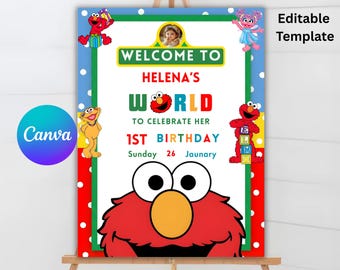 Cartoon Party Welcome Sign, Birthday Sign Template, Cute Welcome Sign, Editable Entrance Banner, Canva Printable Template (Digital Download)