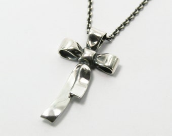 silver bow cross pendant with chain