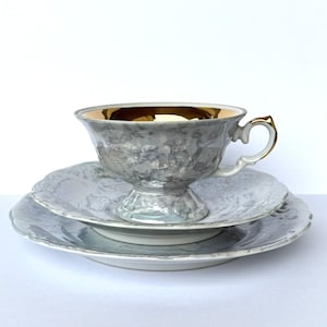 Vintage Wawel Breakfast Set – Rare Marble Porcelain with Gold Interior, Polish PRL Design 1960s, Elegant Tea Cup Trio, Collectible Tableware