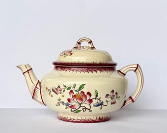 Antique Sarreguemines Strasbourg Teapot 1900–1920 | French Faience Hand-Painted Floral, Original Lid, Collectible