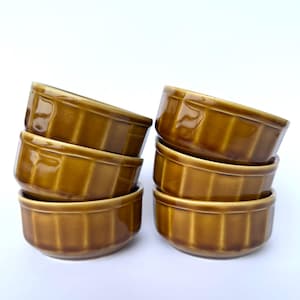 Vintage Mirostowice Stoneware Ramekins Set – 6 Brown PRL Bowls, Textured Polish Pottery, Rustic Baking & Serving Dishes