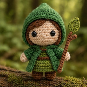 Puede incluir: Muñeca de ganchillo hecha a mano de un espíritu del bosque, con una capa y un vestido con capucha verdes, cabello castaño y ojos negros grandes. La muñeca sostiene un bastón marrón con una hoja verde.