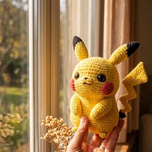 Pode incluir: Boneca Pikachu de crochê amarela feita à mão com orelhas com pontas pretas e cauda em zigue-zague. A boneca tem bochechas vermelhas e é segurada em uma mão. O fundo inclui uma janela e um vaso de flores secas.