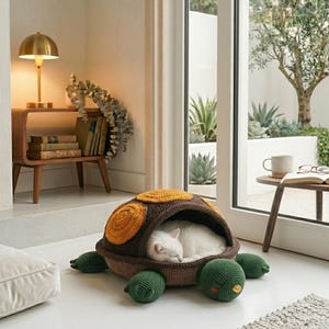Peut inclure: Un lit pour chat en forme de tortue, crocheté en marron, jaune et vert. Un chat blanc dort à l'intérieur du lit. Le lit est posé sur un sol blanc dans une pièce lumineuse. Une petite table en bois et une lampe sont en arrière-plan.