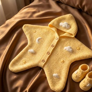 May include: A pale yellow star-shaped knitted bunting bag with a hood, featuring white crocheted cloud and moon appliques, small embroidered stars, and a front button closure, accompanied by a matching pair of small knitted baby booties.