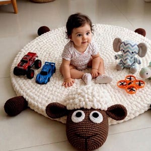 Peut inclure: Un bébé est assis sur un tapis de jeu blanc en forme de mouton crocheté, entouré de jouets. Les jouets comprennent un monster truck rouge, une voiture de course bleue, un éléphant en peluche, un dinosaure et un drone orange.