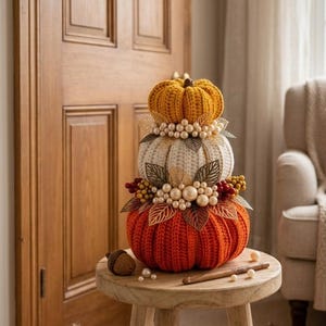 May include: A stacked decorative pumpkin set featuring three crocheted pumpkins in mustard yellow, cream, and burnt orange. The pumpkins are adorned with metallic gold leaf accents, clusters of cream-coloured pearls, and small red and yellow berries.