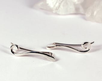 Pair of Silver Spiral Tipped Wave Ear Climber Earrings, Sterling Silver, Made to Order