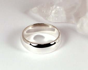 6mm Wide Half Round Polished Silver Band Ring, Sterling Silver, Made to Order