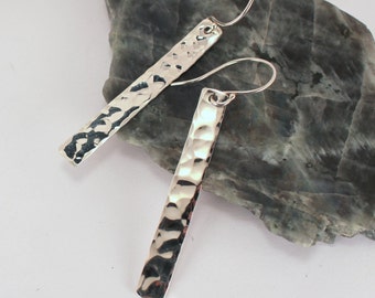 Long Hammered Rectangle Dangle Earrings, Sterling Silver, Made to Order