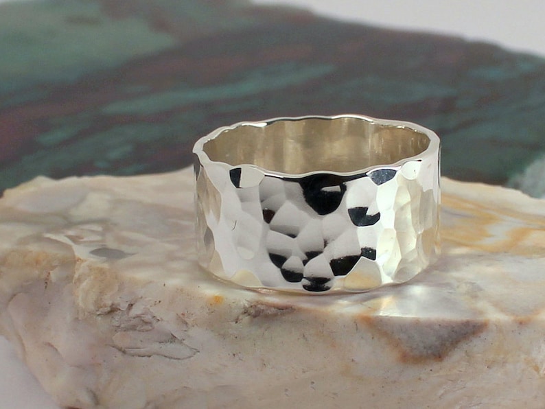 Hammered 10mm Wide Band Ring, Sterling Silver, Made to Order image 1