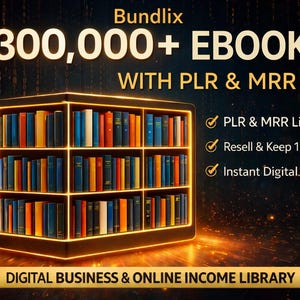 Könnte beinhalten: Werbung für eine E-Book-Bibliothek. Das Bild zeigt ein leuchtendes Bücherregal voller bunter Bücher. Der Text lautet "300.000+ EBOOKS WITH PLR & MRR" und "DIGITAL BUSINESS & ONLINE INCOME LIBRARY". Zusätzlicher Text hebt PLR & MRR-Lizenzen, Wiederverkaufsrechte und sofortigen Download hervor.