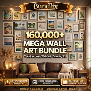 Könnte beinhalten: Eine Sammlung gerahmter Wandkunst mit verschiedenen Landschafts-, Blumen- und abstrakten Designs. Der Text "160.000+ MEGA WALL ART BUNDLE" ist deutlich sichtbar. Vor der Wandkunst befindet sich ein braunes Ledersofa mit Kissen.
