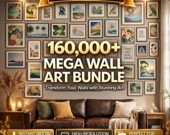 May include: A wall art bundle featuring numerous framed prints with various landscape, floral, and abstract designs. The text "160,000+ MEGA WALL ART BUNDLE" is prominently displayed. A brown leather sofa with pillows is in front of the wall art.