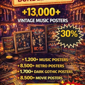 May include: An advertisement for Bundlix vintage music posters. The image features a bundle offer with over 13,000 posters, including retro, dark gothic, and movie posters. A 30% off promotion is highlighted.