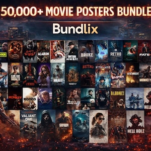 May include: A bundle of movie posters with a fiery backdrop. The text "50,000+ MOVIE POSTERS BUNDLE" and "Bundlix" are displayed. Various movie titles are visible, including "Banger," "Retro," and "Hell Hole."