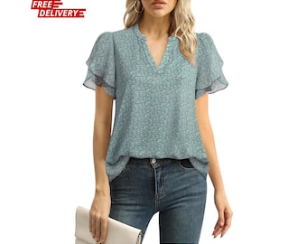 Blusa de gasa para mujer, manga abullonada, cuello en V, top elegante e informal para el trabajo, camisa de verano.