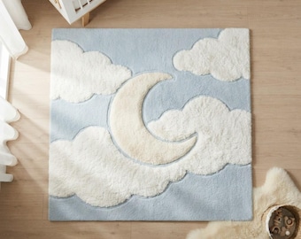 Tapis nuage et lune en laine tuftée à la main | Tapis bohème ciel pour chambre d'enfant