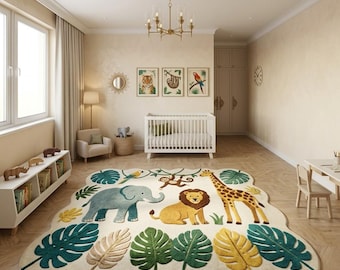 Tapis de chambre d'enfant en laine tuftée à la main, motif safari : lion, éléphant, girafe