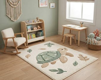 Tapis tortue en laine tufté à la main | Décoration chambre d'enfant vert sauge et crème, style bohème