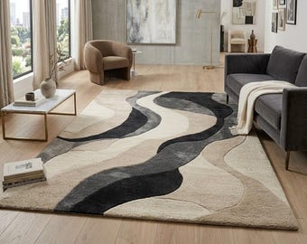 Tapis en laine tufté à la main, motif vague abstrait, style moderne du milieu du siècle