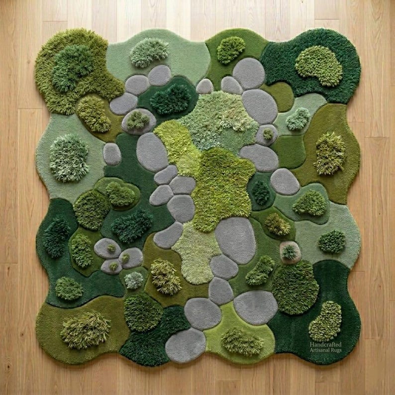 Alfombra de jardín de musgo de lana tejida a mano, alfombra botánica abstracta moderna de mediados de siglo para sala de estar. imagen 10