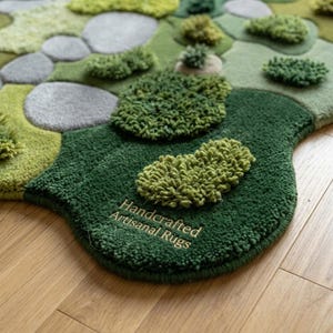 ​Hand-tufted moss garden rug with organic, irregular edges and multi-textured green wool pile, styled in a mid-century modern living room with a mustard yellow sofa and walnut coffee table.
​As you prepare to list this piece, what is the most important message you want your customers to take away about the quality of the materials used?