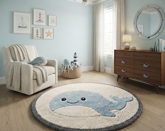 Tapis de chambre d'enfant en laine tuftée à la main avec motif baleine | Décoration de chambre d'enfant style bord de mer, tapis doux